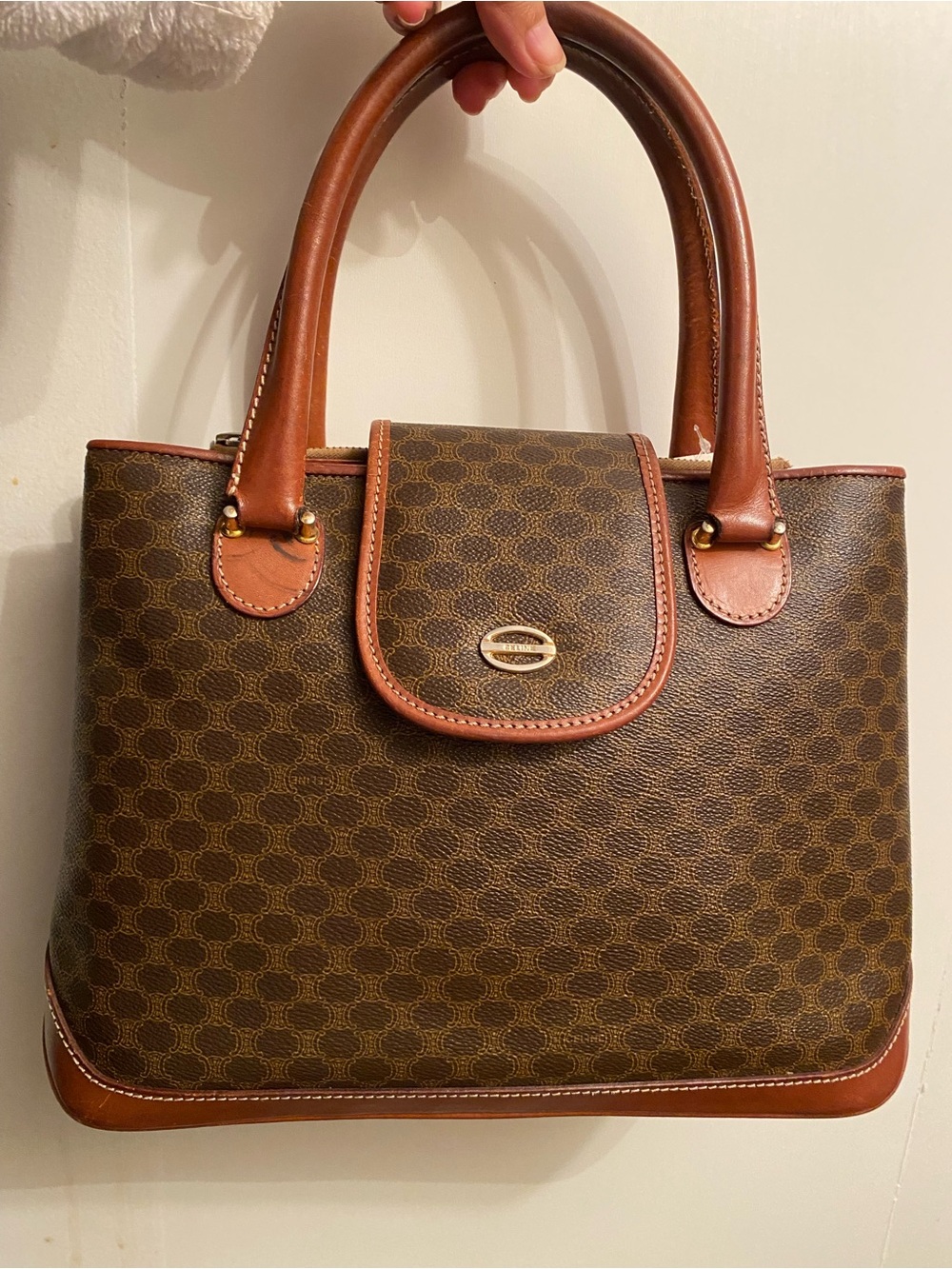 Celine Brown Monogram Top-Handle Tote with Tan Trim
